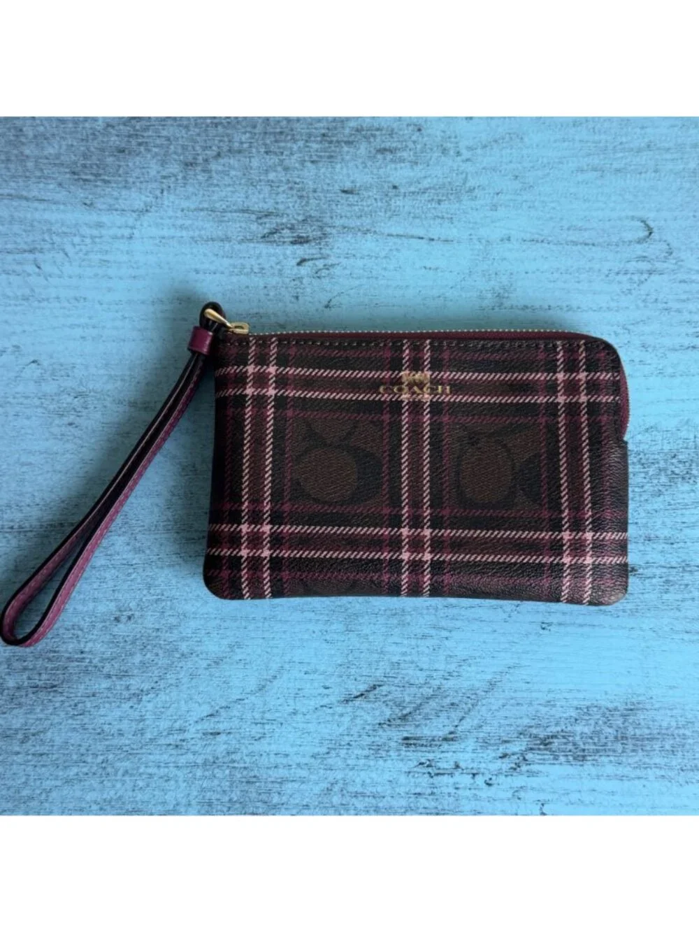 COACH Plaid Wristlet Clutch w/ Signature Logo Print In Burgundy & Pink